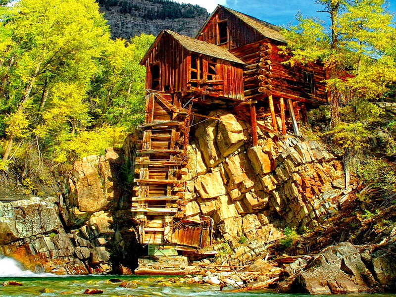 Wooden Mill on Cliff — Green, Serene