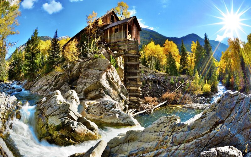 Wooden Mill on River — Blue, Serene, Autumn, Photograph