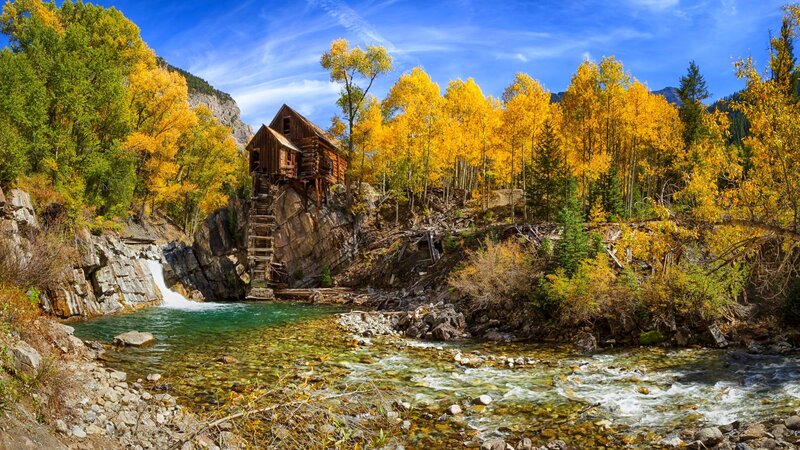 Wooden Mill on River — Blue, Serene, Autumn, Photograph, Trees