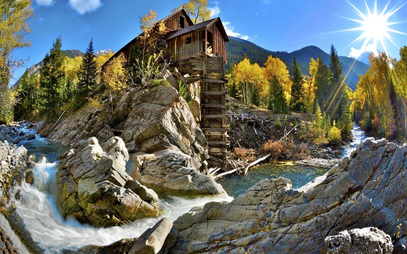 Wooden Mill on River — Blue, Serene, Autumn