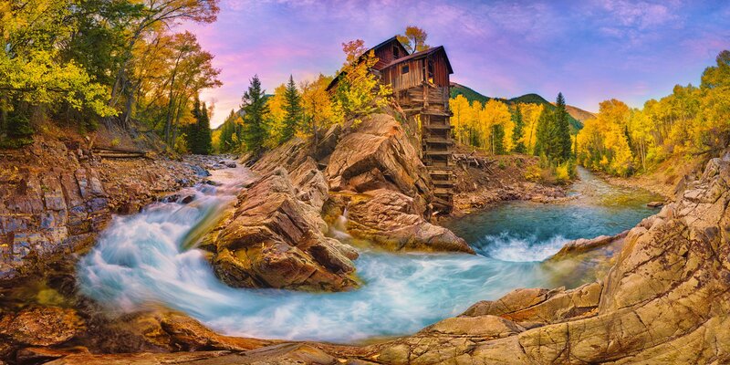 Wooden Mill on River — Blue, Serene, Sunset