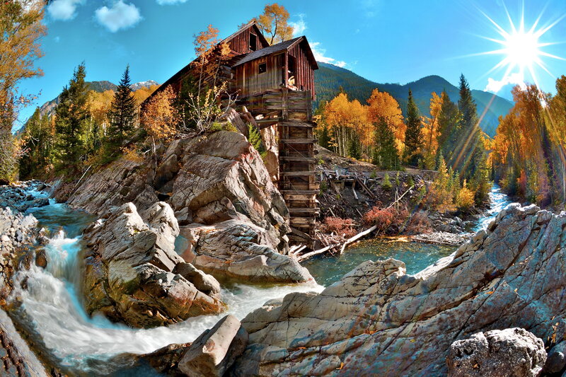 Wooden Mill on River — Blue, Serene