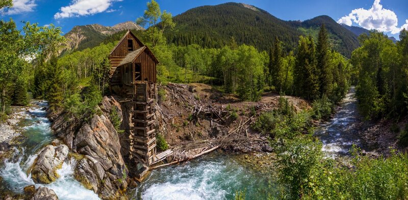 Wooden Mill on River — Green, Serene