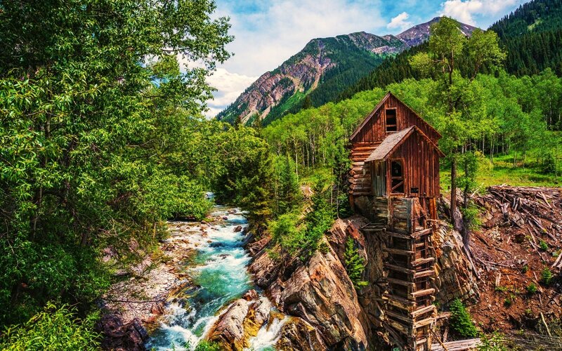 Wooden Mill on River — Green