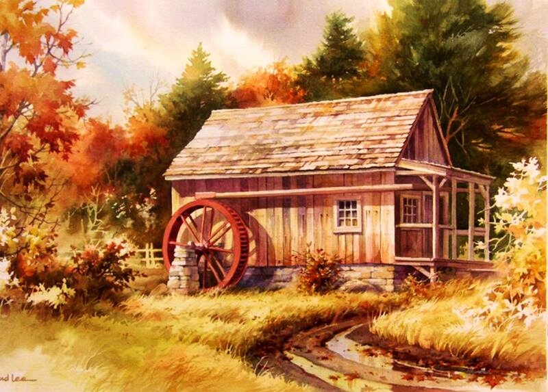 Wooden Mill with Water Wheel — Brown