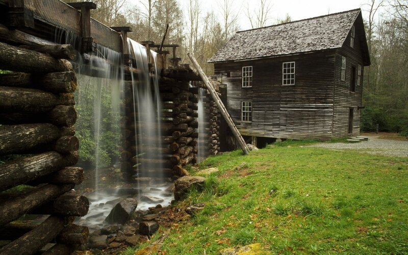 Wooden Mill with Water Wheel — Green