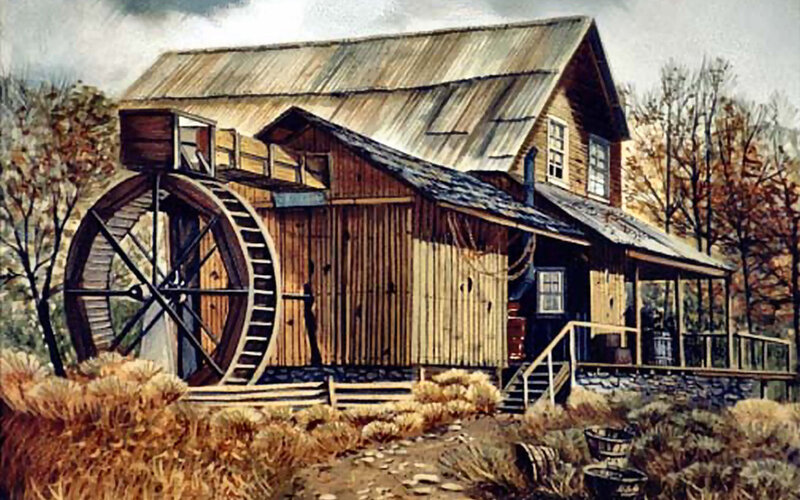 Wooden Mill with Waterwheel — Brown, Rural