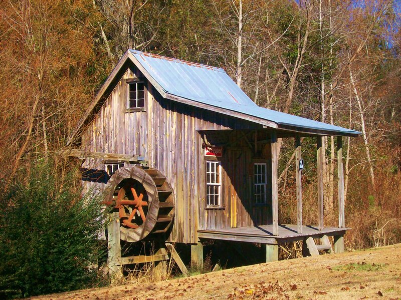 Wooden Mill with Waterwheel — Brown, Serene, Autumn, Photograph, Porch