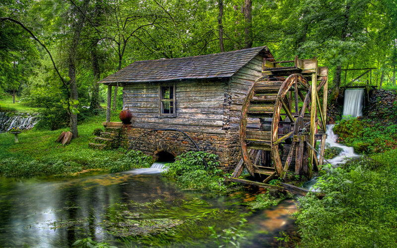 Wooden Mill with Waterwheel — Green, Serene