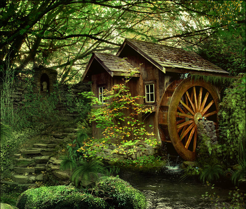 Wooden Mill with Waterwheel — Green