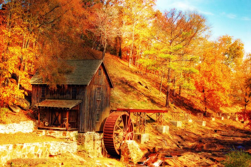 Wooden Mill with Waterwheel — Orange, Serene