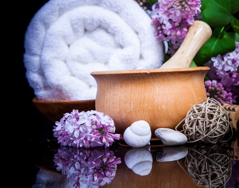 Wooden Mortar with Flowers