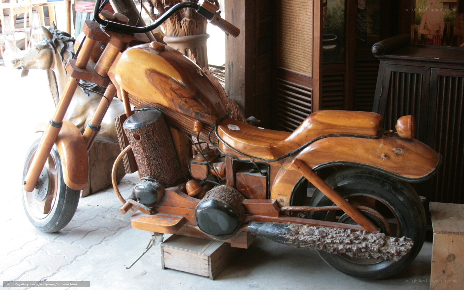 wooden motorcycle sculpture