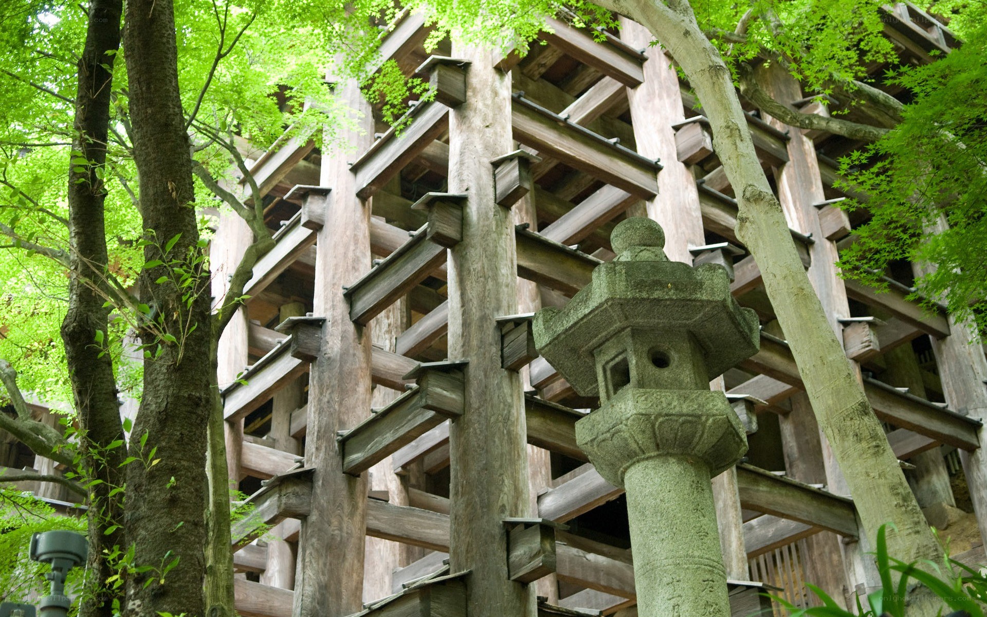 Wooden pagoda and stone lantern