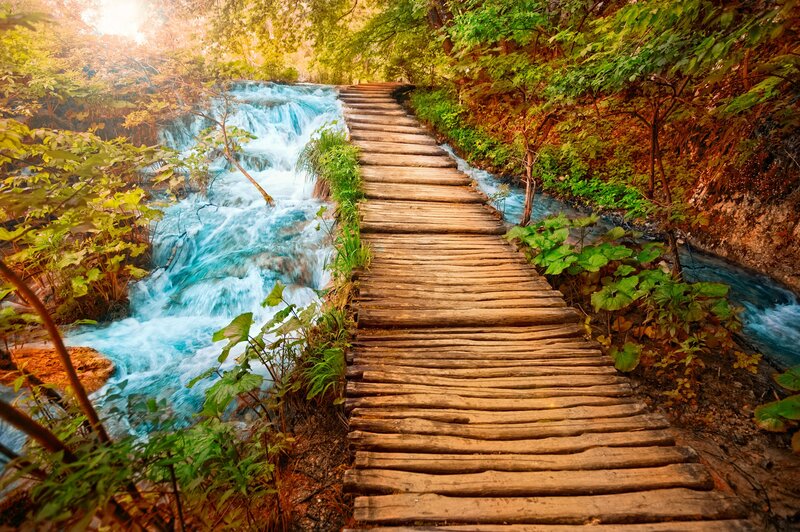 Wooden Path by Waterfall — Brown, Serene