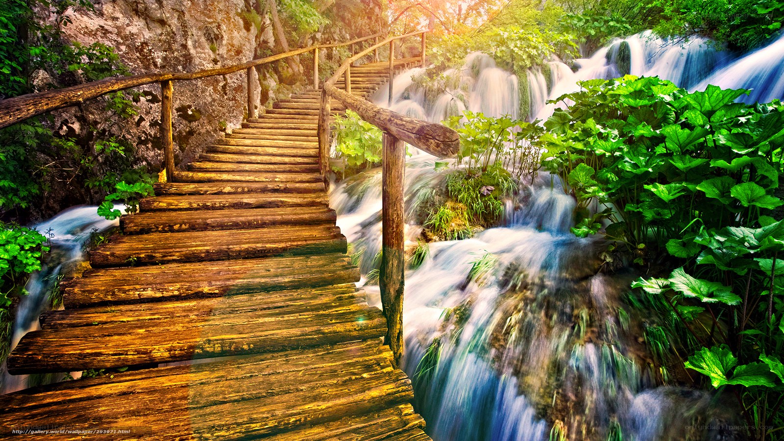 Wooden path by waterfall