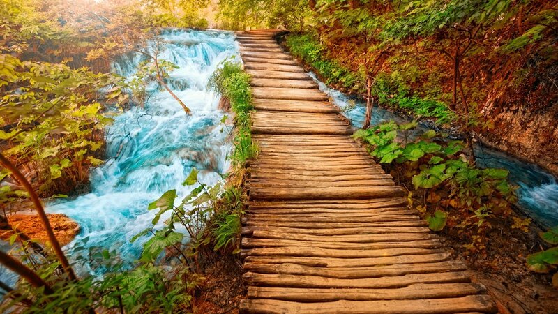 Wooden Path over Waterfall — Blue