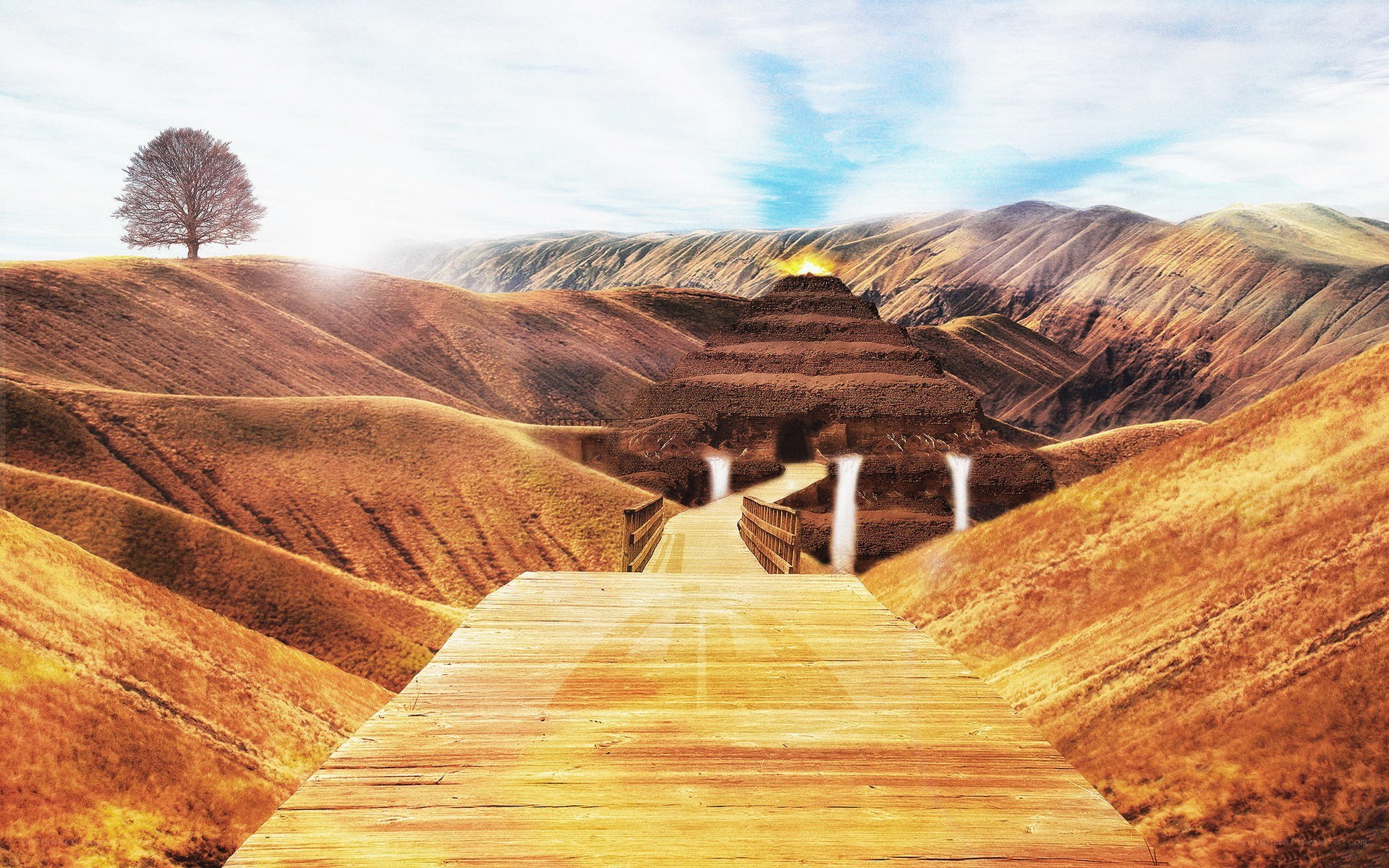 Wooden path to ancient pyramid