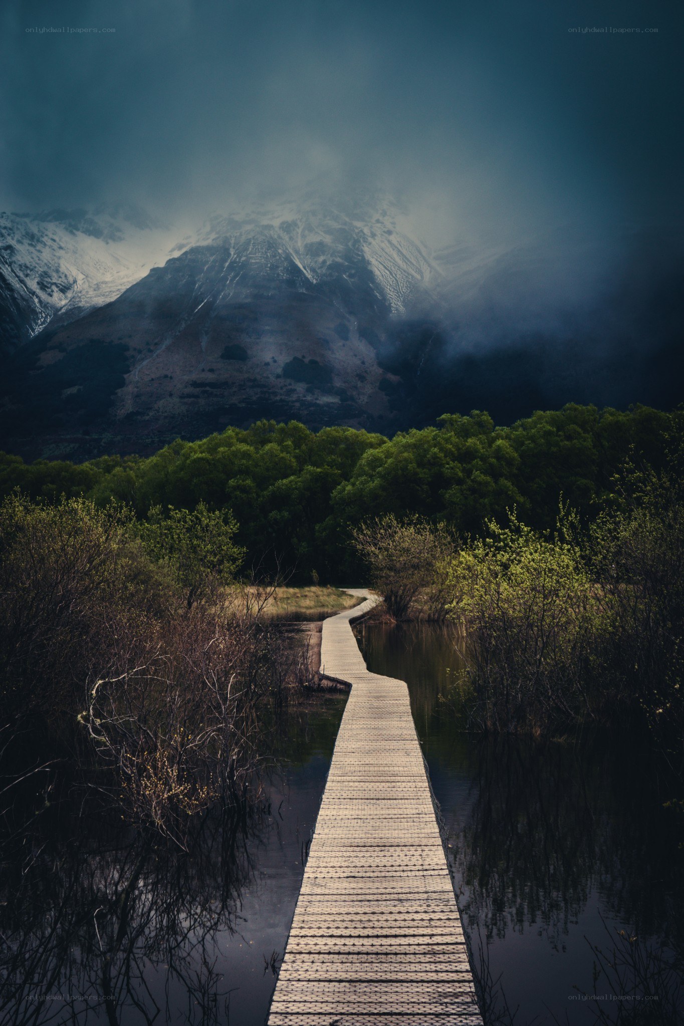 Wooden path to snowy mountain