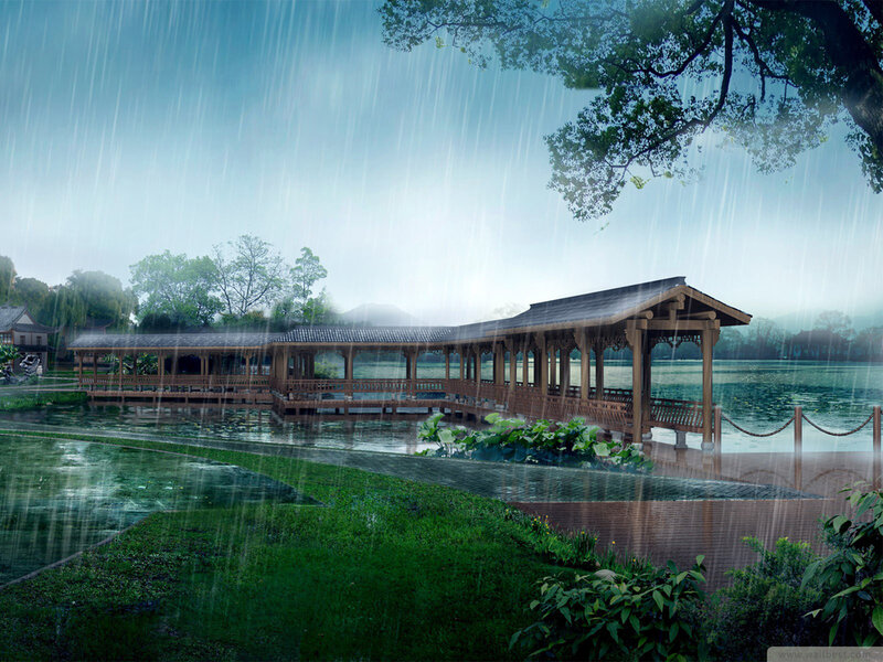 Wooden Pavilion in Rain — Green