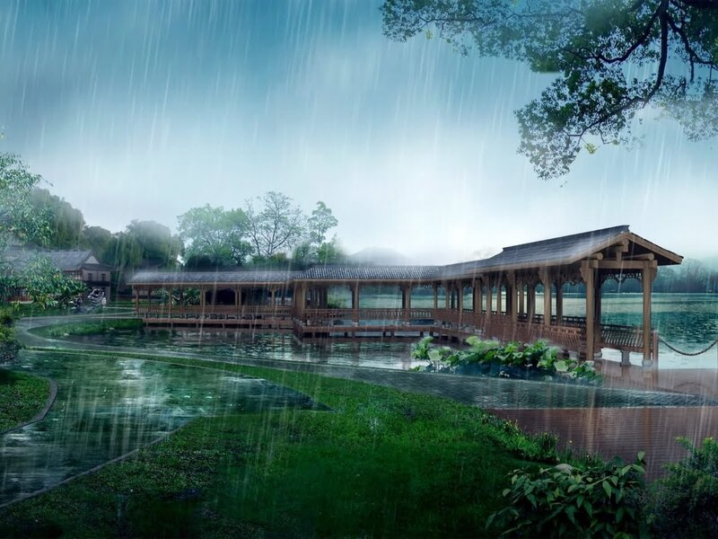 Wooden Pavilion in Rain