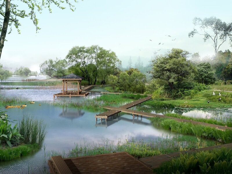 Wooden Pavilion on Lake — Green