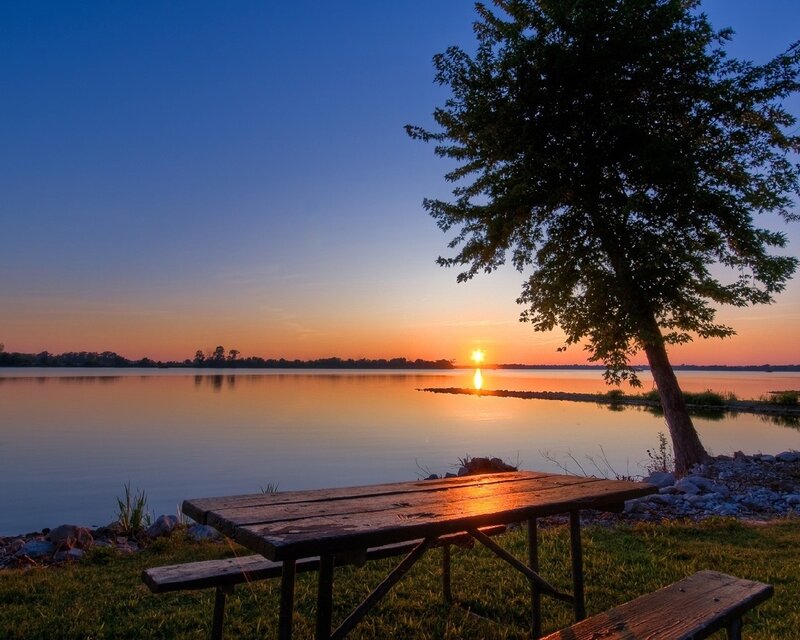Wooden Picnic Table — Blue, Serene, Sunset