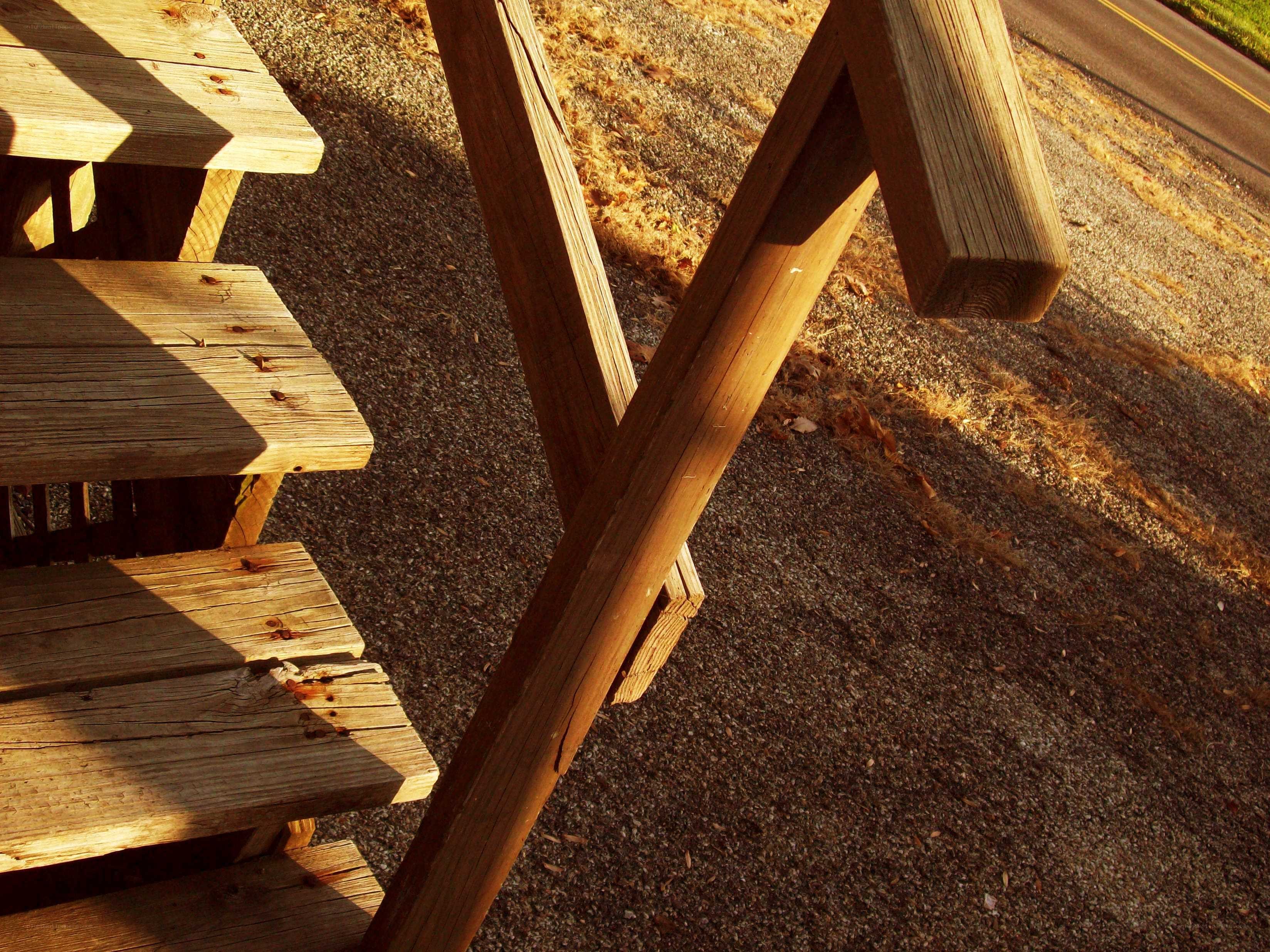 Wooden picnic tables in sunlight
