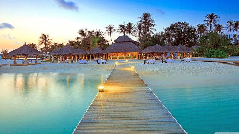 Wooden Pier at Beach — Blue, Serene, Sunset