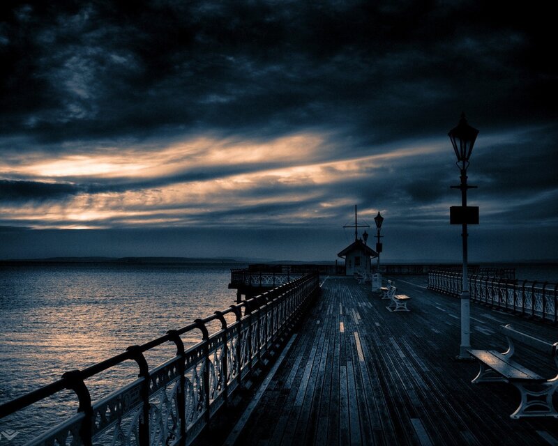 Wooden Pier at Dusk — Blue, Dramatic, Night, Photograph, Sea, Clouds, Lamp Post