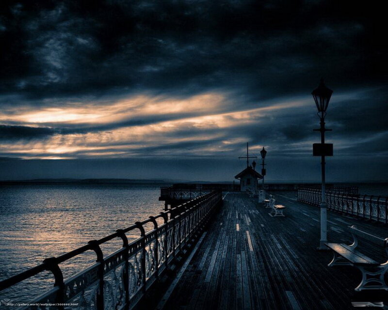 Wooden Pier at Dusk — Blue, Dramatic, Night, Photograph, Sea, Sky