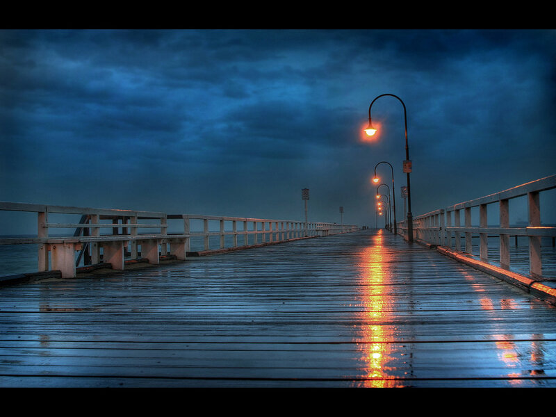 Wooden Pier at Dusk — Blue, Dramatic, Night, Photograph