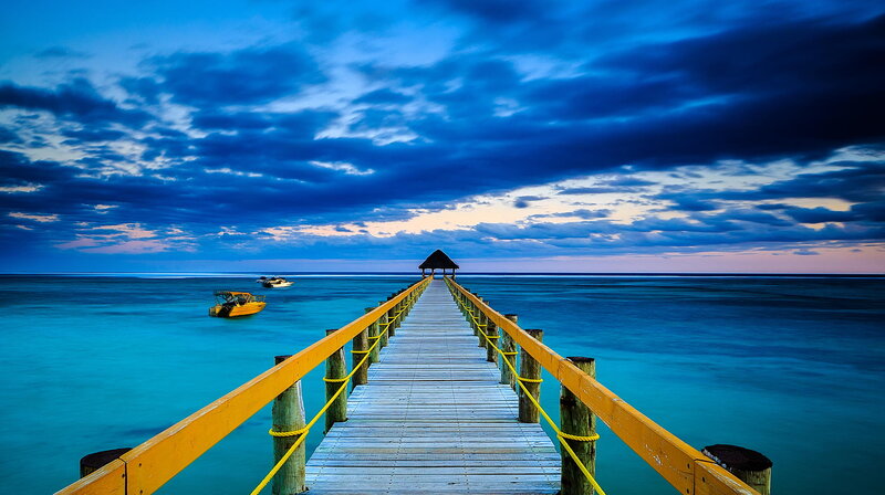 Wooden Pier at Dusk — Blue, Dramatic, Sunset, Photograph, Boat