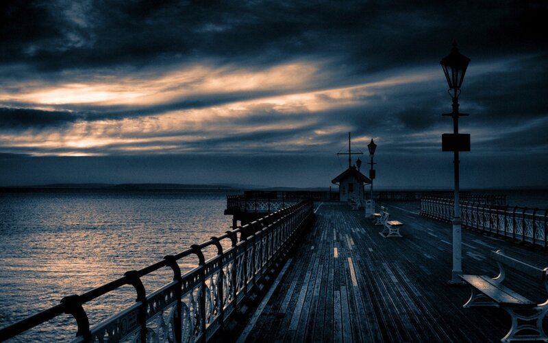 Wooden Pier at Dusk — Blue, Dramatic, Sunset, Photograph, Sea, Sky, Bench