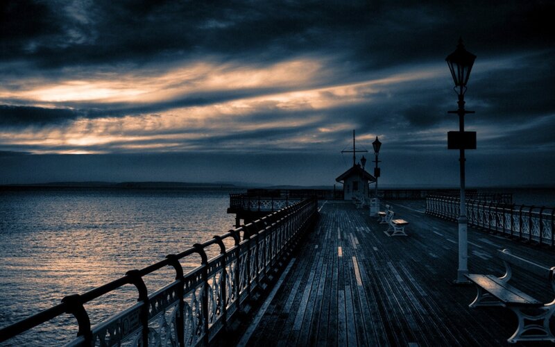 Wooden Pier at Dusk — Blue, Dramatic, Sunset, Photograph, Sea, Sky