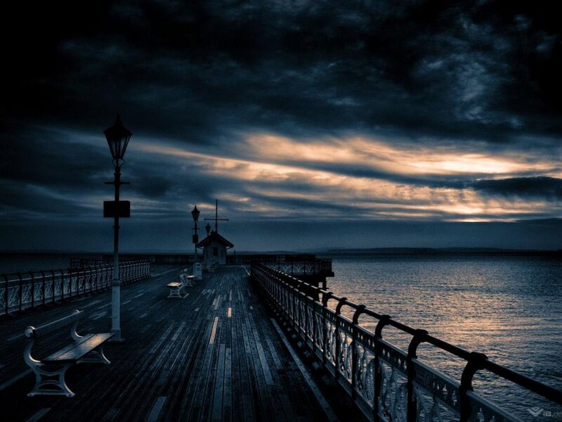 Wooden Pier at Dusk — Blue, Dramatic, Sunset, Photograph