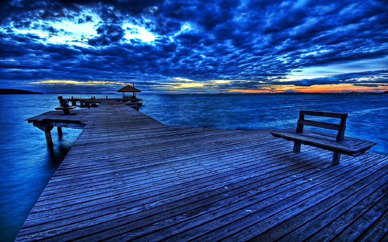Wooden Pier at Dusk — Blue, Dramatic