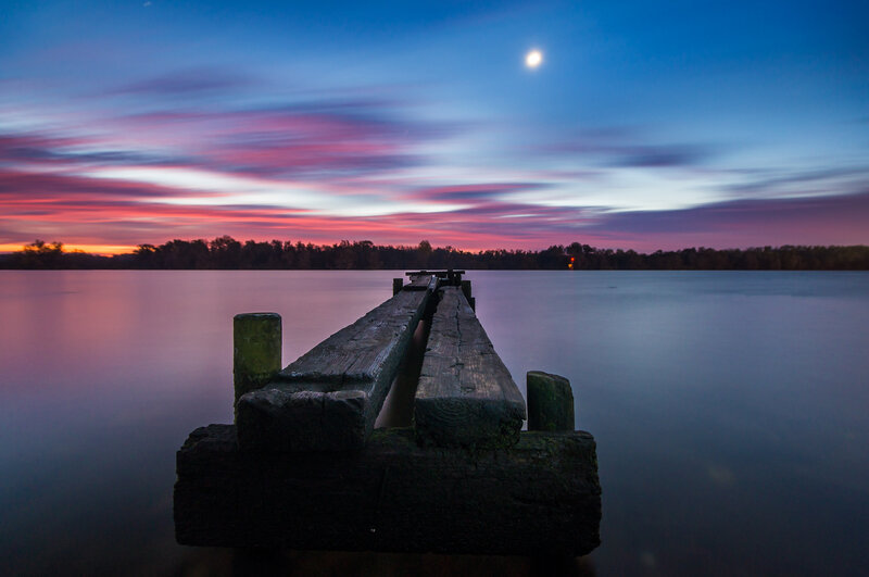 Wooden Pier at Dusk — Blue, Serene, Night, Photograph, Moon