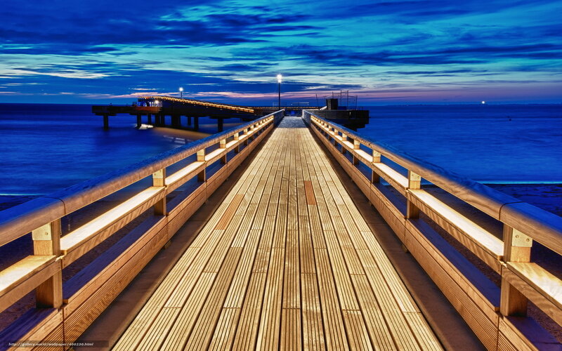 Wooden Pier at Dusk — Blue, Serene, Night, Photograph, Ocean, Sky, Lights