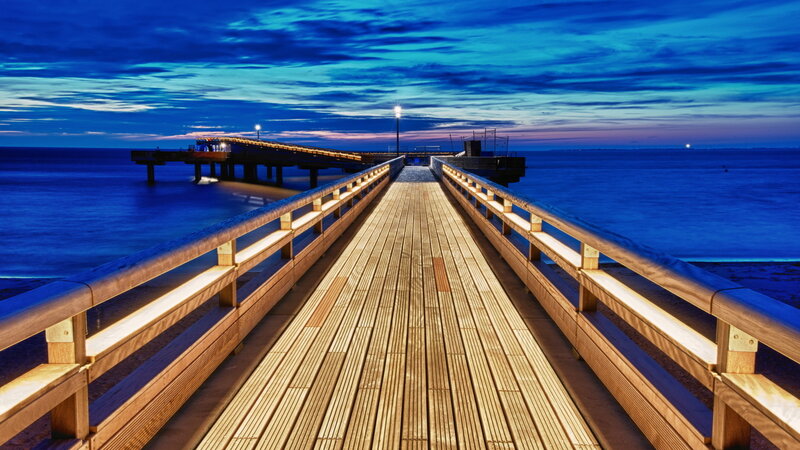 Wooden Pier at Dusk — Blue, Serene, Night, Photograph, Ocean, Sky