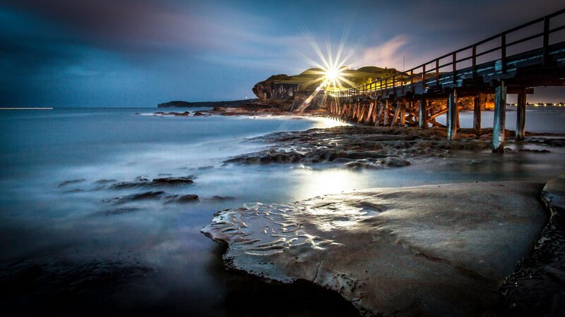 Wooden Pier at Dusk — Blue, Serene, Night, Photograph, Ocean