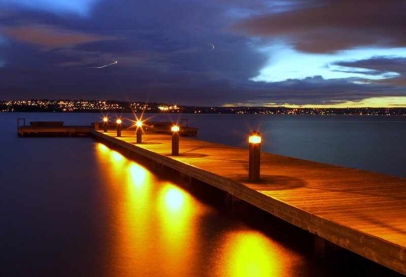 Wooden Pier at Dusk — Blue, Serene, Night