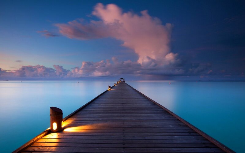 Wooden Pier at Dusk — Blue, Serene, Sunset, Photograph, Clouds