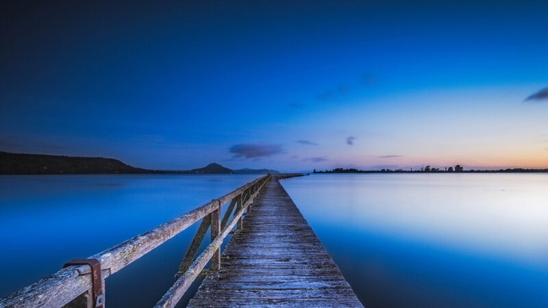 Wooden Pier at Dusk — Blue, Serene, Sunset, Photograph, Lake