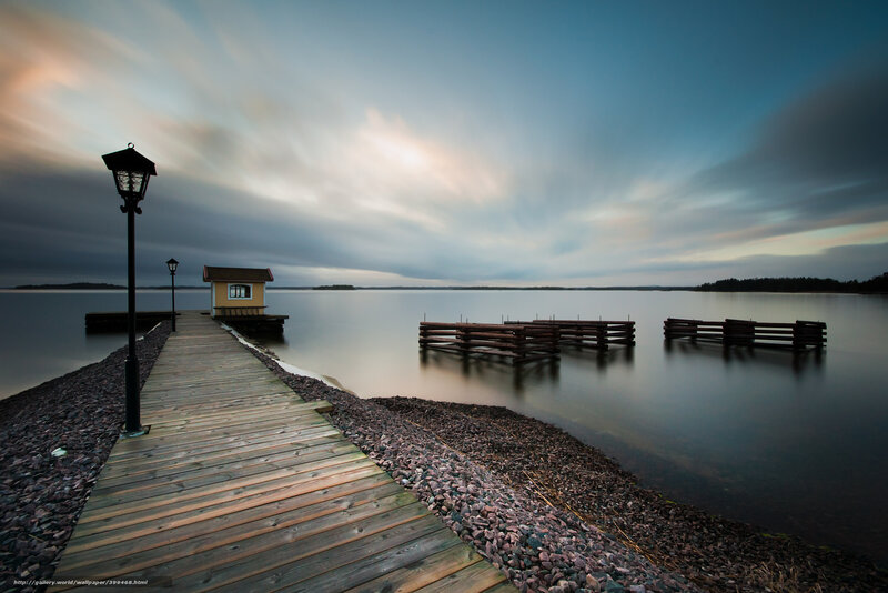 Wooden Pier at Dusk — Blue, Serene, Sunset, Photograph, Lamp Post