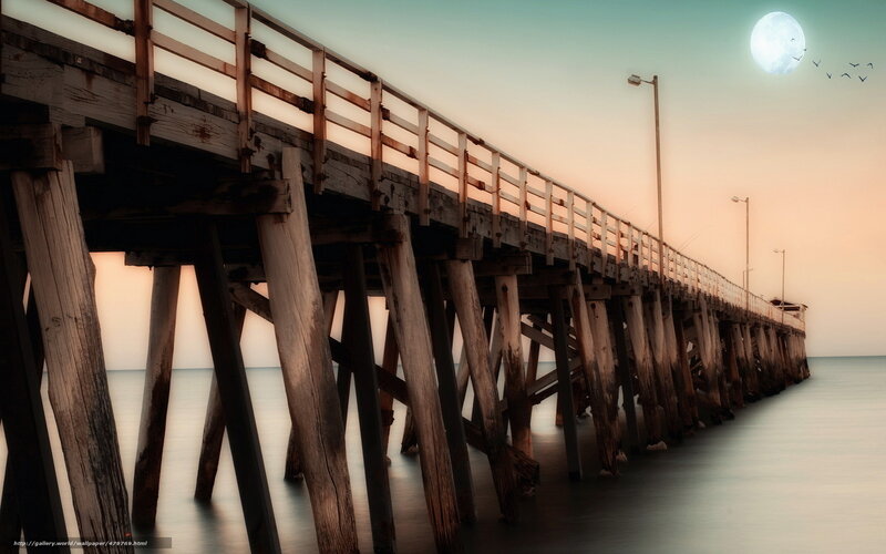 Wooden Pier at Dusk — Blue, Serene, Sunset, Photograph, Moon