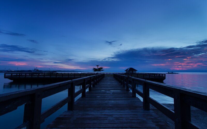 Wooden Pier at Dusk — Blue, Serene, Sunset, Photograph, Sky