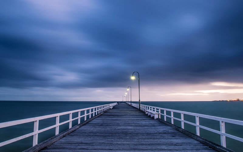 Wooden Pier at Dusk — Blue, Serene, Sunset, Photograph