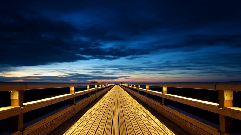 Wooden Pier at Dusk — Blue, Serene, Sunset