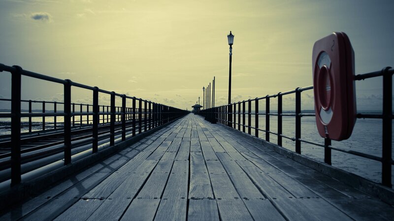 Wooden Pier at Dusk — Gray, Calm